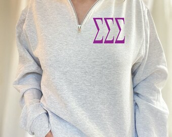 Tri Sigma Pullover Quarter Zip Sweatshirt with Funnel Neck, Greek Sorority Rush Week Bid Day Big Little Sister Merch Clothing Apparel Gifts