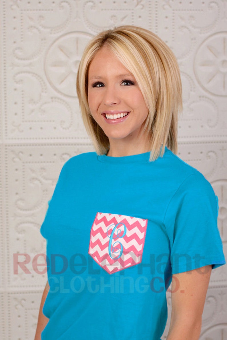 Chevron Pocket Tee for Ladies, Monogram Pocket Shirt for Adults, Chevron Pocket Shirt, Monogram Chevron Tee, Short Long Sleeve, faux pocket image 1