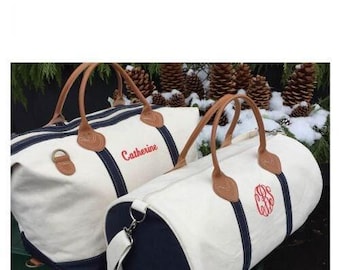 Monogram Weekender Bag, Personalized Bridesmaid Gift, Overnight Travel Luggage, Embroidered Natural Canvas Duffel Carry On Tote for Women