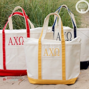 Alpha Chi Omega Sorority Canvas Bag, Embroidered Tote Zipper, Rush Week Bid Day Big Little Gift for Her, Small Medium Large Beach Merch