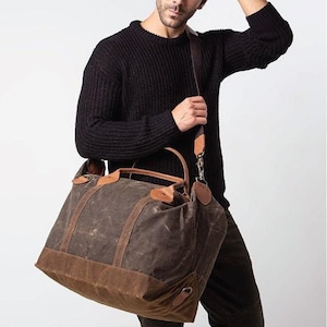 Personalized Weekender Bag Mens Waxed Canvas Duffel Overnight Travel Luggage, Embroidered Duffel Carry On Tote, Graduation, Retirement Gift