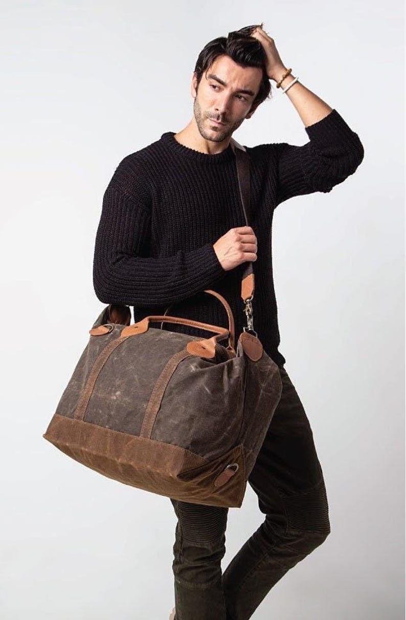 Personalized Weekender Bag Mens Waxed Canvas Duffel Overnight Travel Luggage, Embroidered Duffel Carry On Tote, Graduation, Retirement Gift WaxOlive/KhakiWekndr