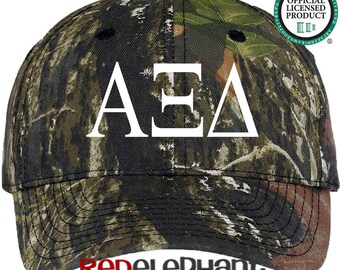 Alpha Xi Delta Camo Baseball Hat, AXiD Camouflage Cap, Sorority Rush Week Big Little Reveal Gift with Embroidered Greek Letters Merch