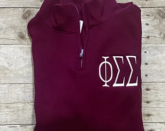 Phi Sigma Sigma Pullover Quarter Zip Sweatshirt with Funnel Neck, Greek Sorority Rush Week Bid Day Big Little Sister Merch Sig Apparel Gifts