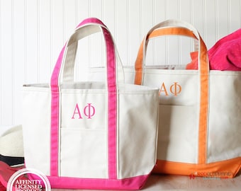 Alpha Phi Sorority Canvas Bag, Embroidered Greek Tote Zipper, Rush Week Bid Day Big Little Gifts for Her, Small Medium Large Beach Merch