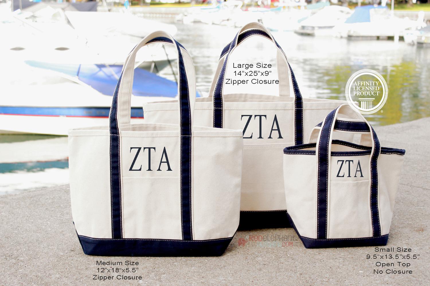 Zeta Tau Alpha Sorority Canvas Bag, Embroidered Tote Zip