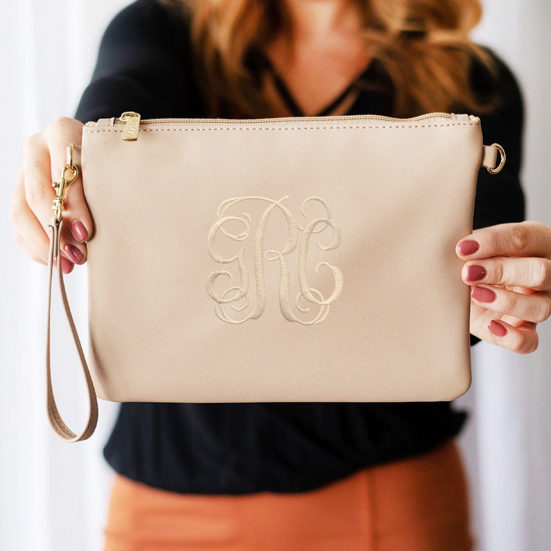 Monogrammed Wristlet Clutch Purse in Vegan Leather or Cork Personalized with Embroidered Monogram Bridesmaid Gift for Her Mothers Day Gift Tan