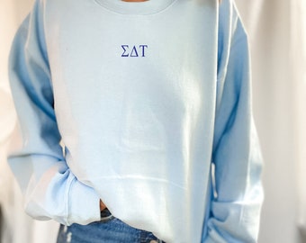 Sigma Delta Tau Embroidered Sweatshirt, Sig Delt Crew Neck Pullover Sorority Greek Letters Merch, Rush Bid Day Clothing Big Little Gift