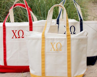 Chi Omega Sorority Canvas Bag, Embroidered Tote Zipper, Rush Week Bid Day Big Little Gift for Her, Small Medium Large Beach Chi O Merch