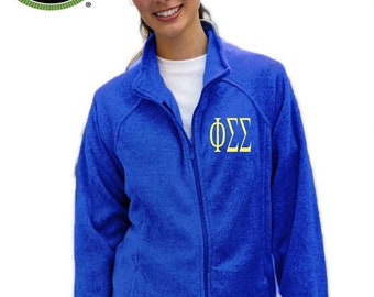 Phi Sigma Sigma  Full Zip Fleece Jacket in Princess Cut Ladies Fit Embroidered Sorority Greek Letters for Big Lil Sister Bid Day Gifts Merch
