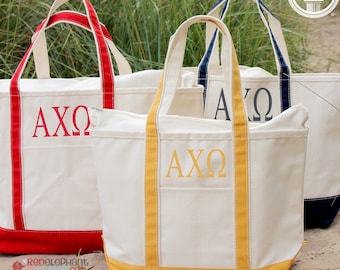 Alpha Chi Omega Sorority Canvas Bag, Embroidered Tote Zipper, Rush Week Bid Day Big Little Gift for Her, Small Medium Large Beach Merch