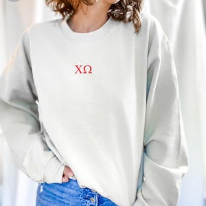 Chi Omega Embroidered Sweatshirt, Chi O Crew Neck Pullover Sorority Greek Letters Merch, Rush Bid Day Clothing Big Little Reveal Gift