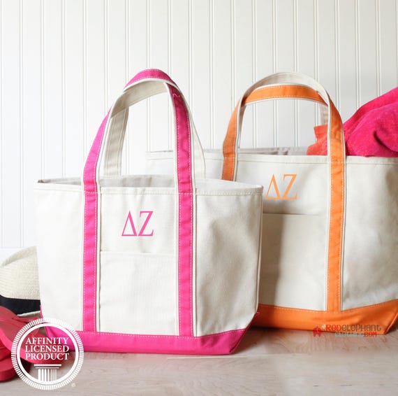 Delta Zeta Sorority Canvas Bag, Embroidered Greek Tote Zipper, Rush Week Bid Day Big Little Gifts for Her, Small Medium Large Beach DZ Merch
