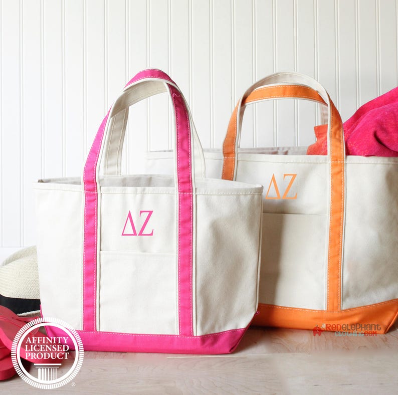 Delta Zeta Sorority Canvas Bag, Embroidered Greek Tote Zipper, Rush Week Bid Day Big Little Gifts for Her, Small Medium Large Beach DZ Merch image 1