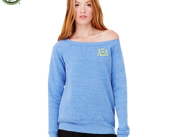 Alpha Xi Delta Sweatshirt, Off Shoulder Wide Neck Pullover, Embroidered Alpha Xi Merch, Greek Sorority Apparel and Clothing Big Little Gifts