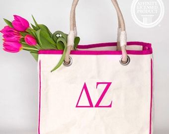 Delta Sac fourre-tout en toile Zeta Sorority avec anses en corde ou pochette zippée, Lettre grecque DZ brodée Merch, Petit cadeau Dee Zee pour les enchères