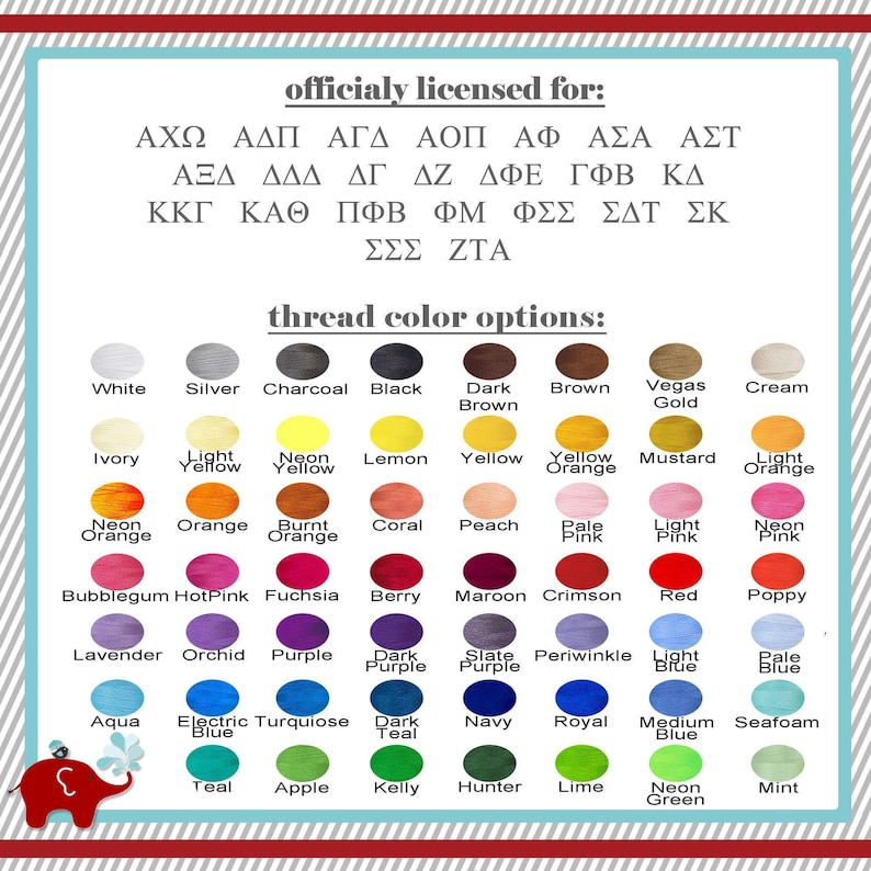 The image is a collection of color swatches for thread color options, featuring a variety of colors such as white, silver, black, brown, gold, cream, yellow, orange, coral, peach, light pink, neon green, blue, purple, and teal.