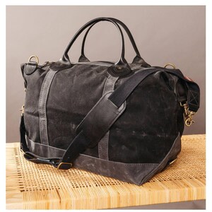 Personalized Weekender Bag Mens Waxed Canvas Duffel Overnight Travel Luggage, Embroidered Duffel Carry On Tote, Graduation, Retirement Gift WaxedBlack Weekender