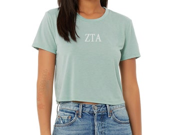 Zeta Tau Alpha Crop Top Embroidered Greek Letters Sorority Baby Tee Shirt, ZTA Merch Rush Bid Day Apparel Big Little Clothing Gift