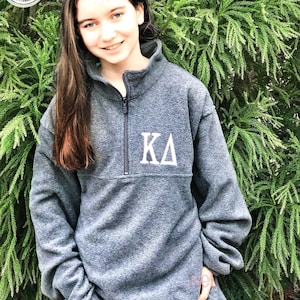 Kappa Delta Jacket Unisex Fit Quarter Zip Fleece Pullover Sweatshirt for Sorority Big Little Bid Day Gifts with Embroidered Greek KD Letters