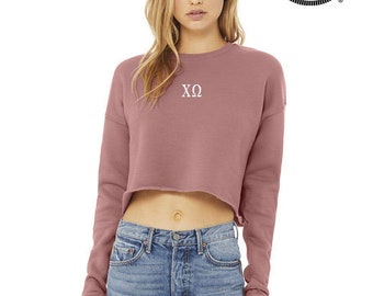 Chi Omega Cropped Crew Neck Sweatshirt Crewneck Pullover, Embroidered Chi O Merch, Greek Sorority Crop Top Apparel Clothing Big Little Gift