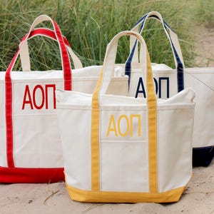 Alpha Omicron Pi Sorority Canvas Bag, Embroidered AOPi Tote Zip, Rush Week Bid Day Big Little Gifts for Her, Small Medium Large Beach Merch
