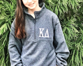 Kappa Delta Jacket Unisex Fit Quarter Zip Fleece Pullover Sweatshirt for Sorority Big Little Bid Day Gifts with Embroidered Greek KD Letters