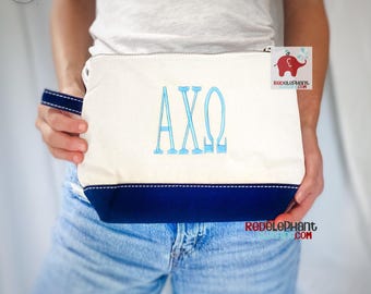 Alpha Chi Omega Make Up Bag, Embroidered Sorority Greek Letters Cosmetic Toiletry Bag, Rush Week Bid Day Big Little Reveal Gift, AXO Merch
