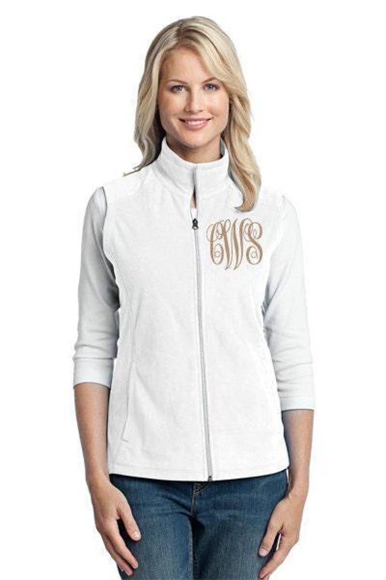 Monogram Fleece Vest for Women, Monogrammed White Vest, Personalized Vest for Women, Bridesmaid Gift, Personalized Full Zip Fleece Ladies image 1