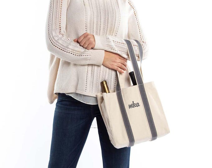 Monogram Wine Bottle Tote Bag, Embroidered Canvas Open Top Sustainable Four Bottle Carrier, Personalized Bachelorette Galentine Hostess Gift