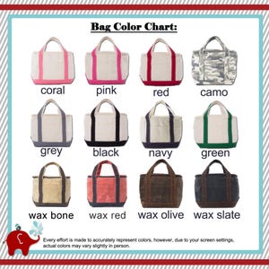 Peut inclure: Un nuancier de sacs pr&eacute;sentant douze sacs fourre-tout de diff&eacute;rentes couleurs et motifs, notamment corail, rose, rouge, camouflage, gris, noir, marine, vert, cire os, cire rouge, cire olive et cire ardoise. Chaque sac a deux anses.