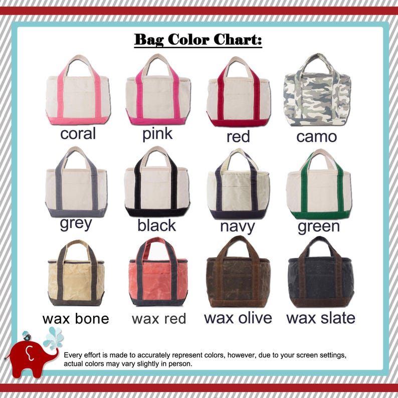 Peut inclure: Un nuancier de sacs pr&eacute;sentant douze sacs fourre-tout de diff&eacute;rentes couleurs et motifs, notamment corail, rose, rouge, camouflage, gris, noir, marine, vert, cire os, cire rouge, cire olive et cire ardoise. Chaque sac a deux anses.