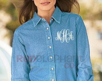 Monogram Denim Shirt, Embroidered Ladies Button Down Denim Chambray, Personalized Bridesmaid Gift for Her Under 30 Light or Dark Wash, Up