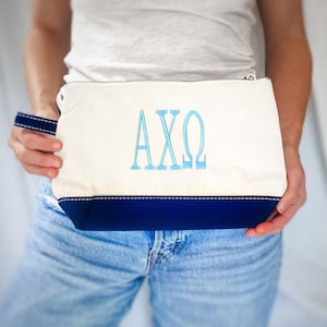 Alpha Chi Omega Make Up Bag, Embroidered Sorority Greek Letters Cosmetic Toiletry Bag, Rush Week Bid Day Big Little Reveal Gift, AXO Merch
