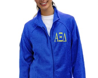 Alpha Xi Delta Full Zip Fleece Jacket in Princess Cut Ladies Fit Embroidered Sorority Greek Letters for Big Lil Sister Bid Day Gifts Merch