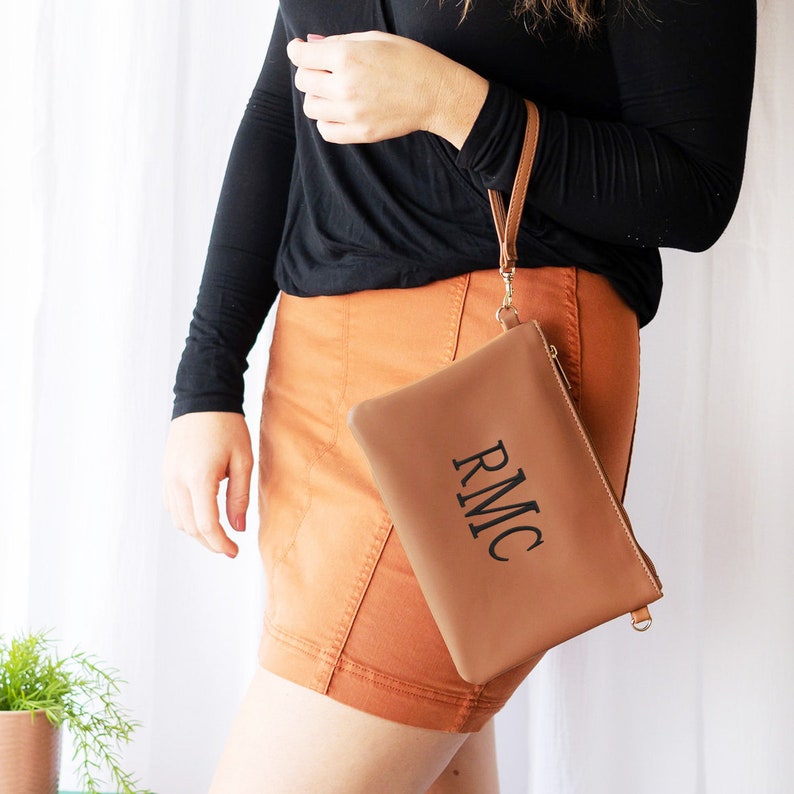 Monogrammed Wristlet Clutch Purse in Vegan Leather or Cork Personalized with Embroidered Monogram Bridesmaid Gift for Her Mothers Day Gift Camel