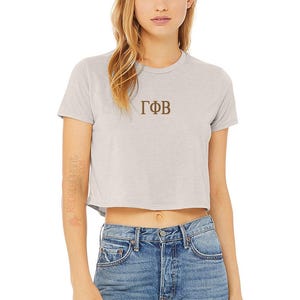 Gamma Phi Beta Crop Top Embroidered Greek Letters Sorority Baby Tee Shirt, Gamma Phi Merch Rush Bid Day Apparel Big Little Clothing Gift