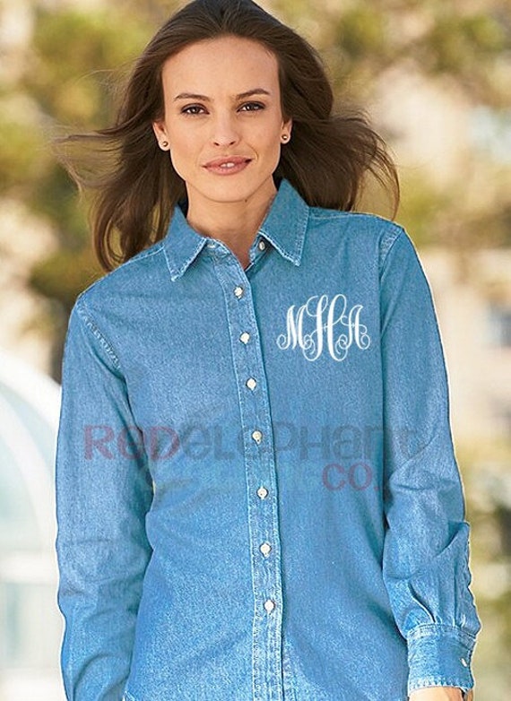 Monogram Denim Shirt Embroidered Ladies Button Down Demin 