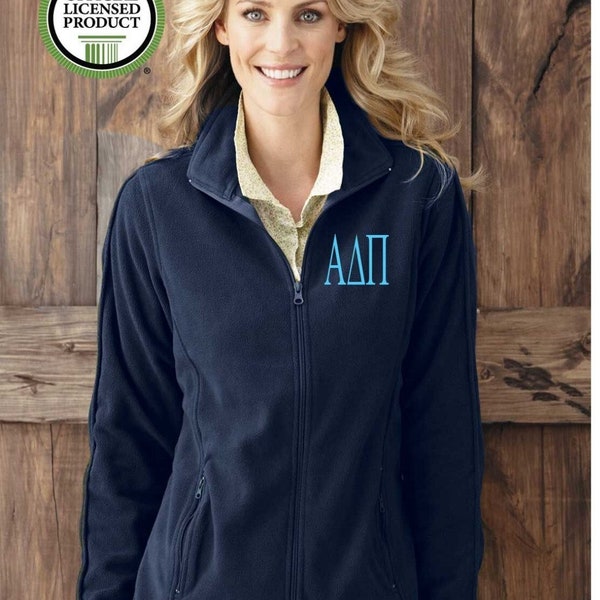 Alpha Delta Pi Full Zip Fleece Jacket in Princess Cut Ladies Fit Embroidered Sorority Greek Letters for Big Lil Sister Bid Day Gifts Merch