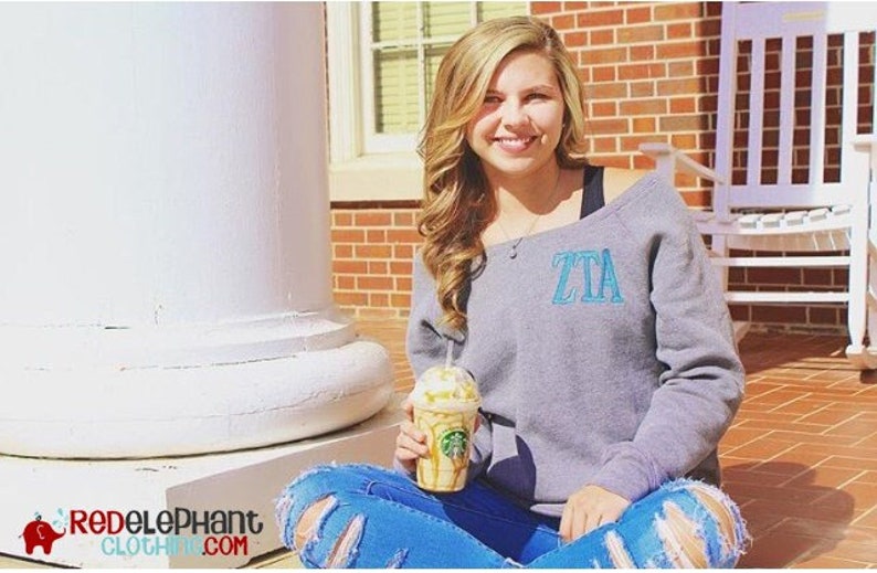 Pi Beta Phi Sweatshirt, Off Shoulder Wide Neck Pullover, Embroidered Pi Phi Merch, Greek Sorority Apparel and Clothing Big Little Gifts image 4