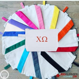 Chi Omega Make Up Bag, Embroidered Sorority Greek Letters Zipper Cosmetic Toiletry Bag, Rush Bid Day Big Little Reveal Gift, Chi O Merch