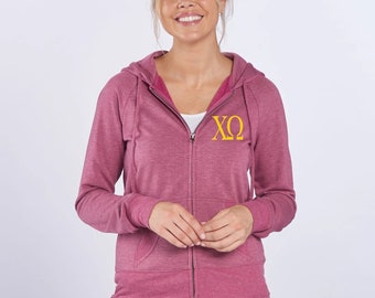 Chi Omega Full Zip Hoodie Jacket Sweatshirt Kanga Pocket w/ Embroidered Sorority Greek Letters Apparel, Big Little Clothing AXiD Merch