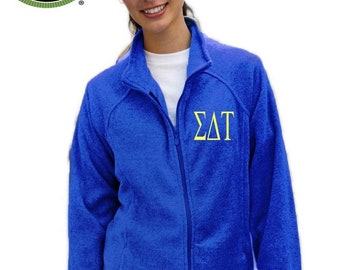 Sigma Delta Tau Full Zip Fleece Jacket in Princess Cut Ladies Fit Embroidered Sorority Greek Letters for Big Lil Sister Bid Day Gifts Merch