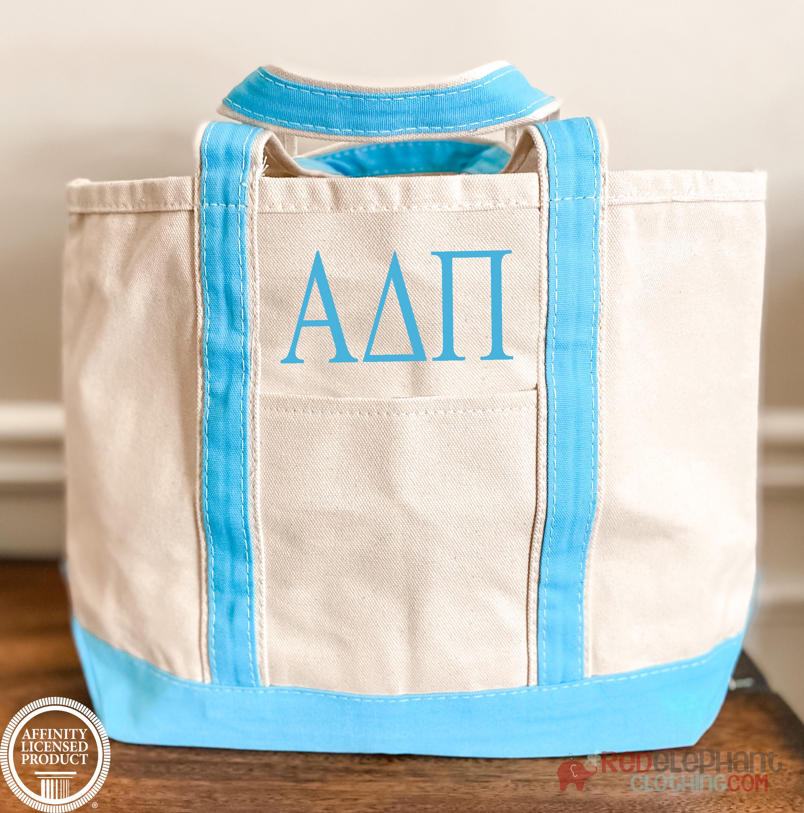 Alpha Delta Pi Sorority Canvas Bag, Embroidered Tote Zipper, Rush Week Bid Day Big Little Gifts for Her, Small Medium Large Beach Merch