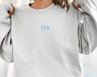 Zeta Tau Alpha Sweatshirt Embroidered Crewneck, ZTA Pullover Crew Neck Sweater Sorority Greek Letters Merch, Rush Bid Day Big Little Gifts