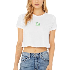 Kappa Delta Crop Top Embroidered Greek Letters Sorority Baby Tee Shirt, KD Merch Rush Bid Day Apparel Big Little Clothing Gift Kay Dee