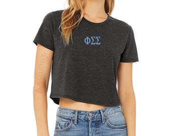 Phi Sigma Sigma Crop Top Embroidered Greek Letters Sorority Baby Tee Shirt, Phi Sig Merch Rush Bid Day Apparel Big Little Clothing Gift