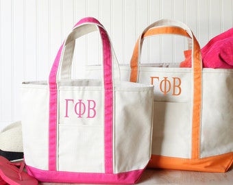 Gamma Phi Beta Sorority Canvas Bag, Embroidered Tote Zipper, Rush Week Bid Day Big Little Gifts for Her, Small Medium Large Beach Merch