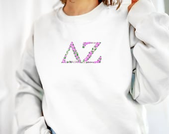 Delta Zeta Embroidered Sweatshirt, DZ Crew Neck Pullover Sweater Sorority Greek Letters Merch, Rush Bid Day Clothing Big Little Reveal Gift