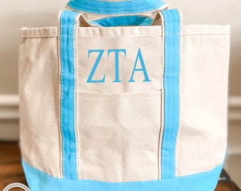 Zeta Tau Alpha Sorority Canvas Bag, Embroidered Tote Zip, Rush Week Bid Day Big Little Gift for Her, Small Medium Large Beach ZTA Merch